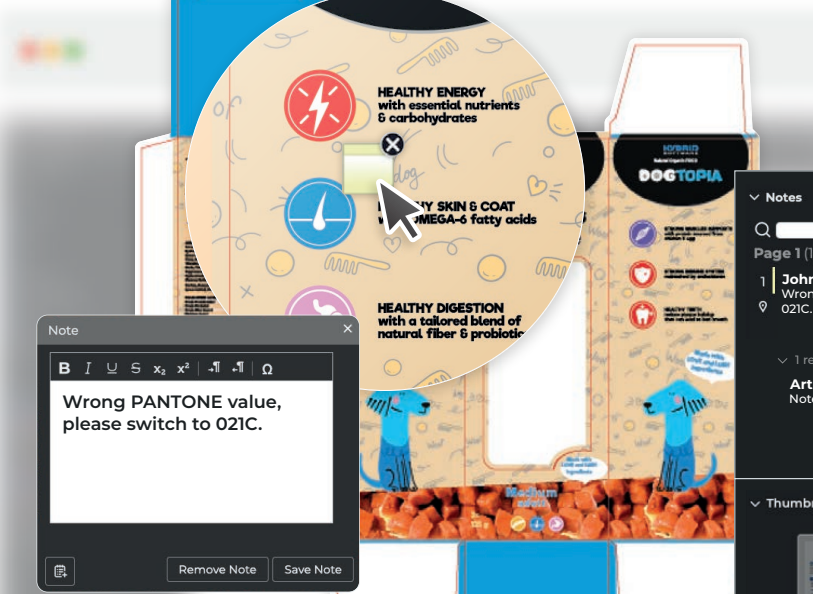 Revisión de un arte de packaging con anotaciones en Proofscope, dentro de CLOUDFLOW